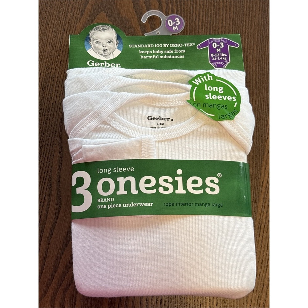 Gerber Onesies Brand 3-Pack Organic Long Sleeve Bodysuits White 0-3‎ Mo.